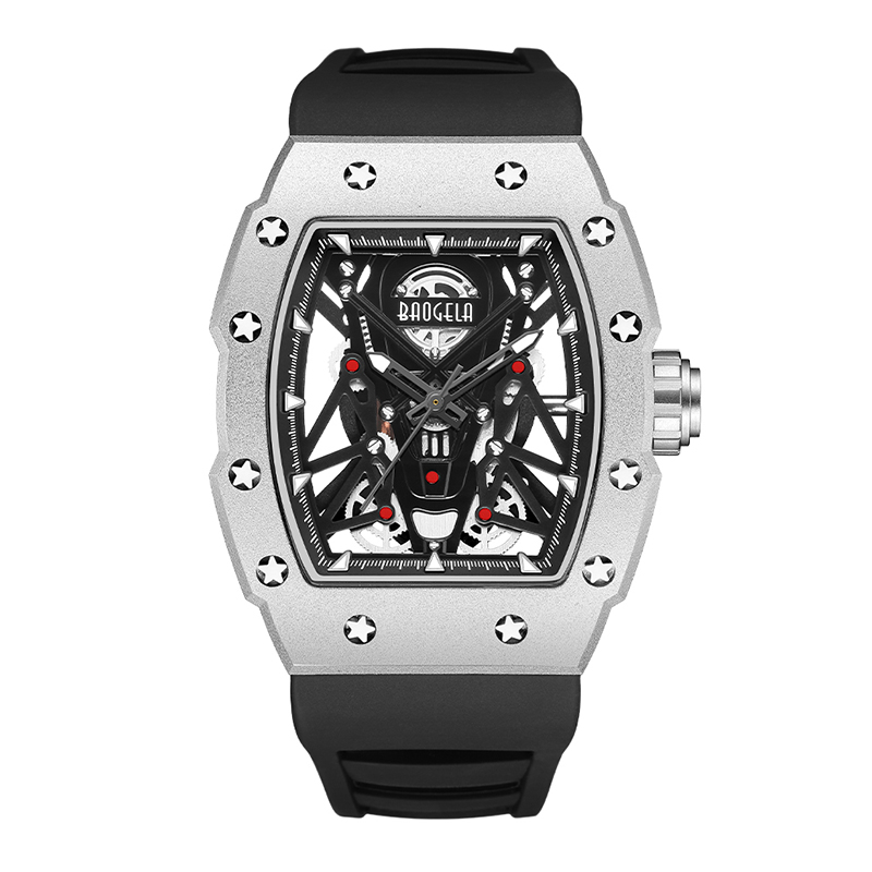 Baogela Silver Black Sport Quartz Watch for Men Tonneau Dial Wathproof Wistwatch مع حزام السيليكون مضيئة 4145